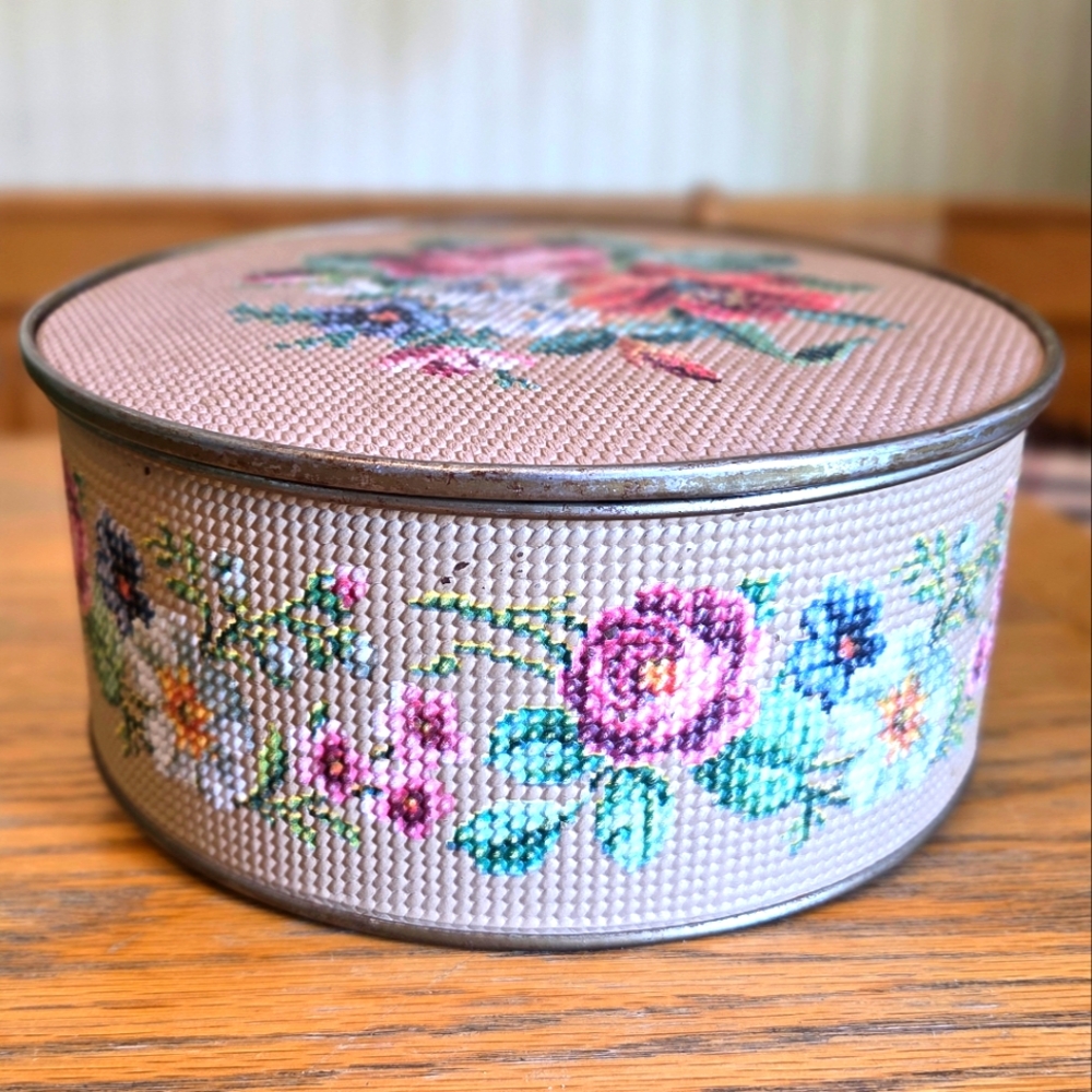 Vintage Guildcraft Embossed Faux Floral Needlepoint Tin Lidded Light Brown 8"